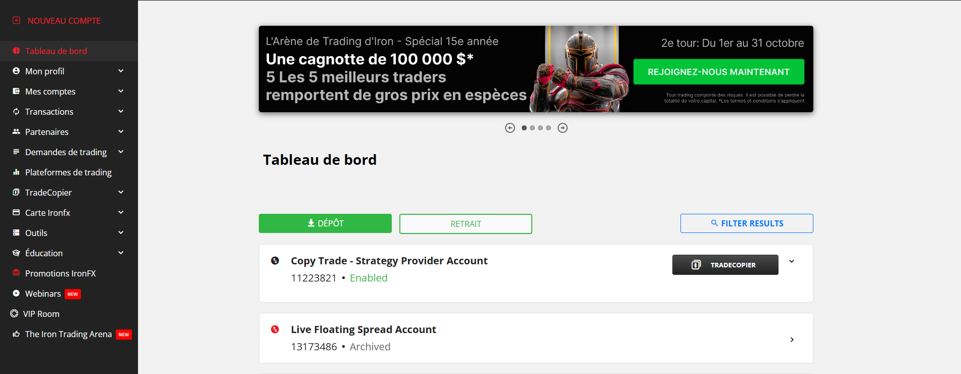 Avis IRONFX 2025 : Test Complet & Analyse Dashboard et interface client pour gestion de compte trading