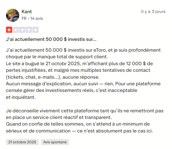 frais eToro 2025 : Avis Complet et Frais Cachés Avis négatif eToro Trustpilot octobre 2025 délais retrait