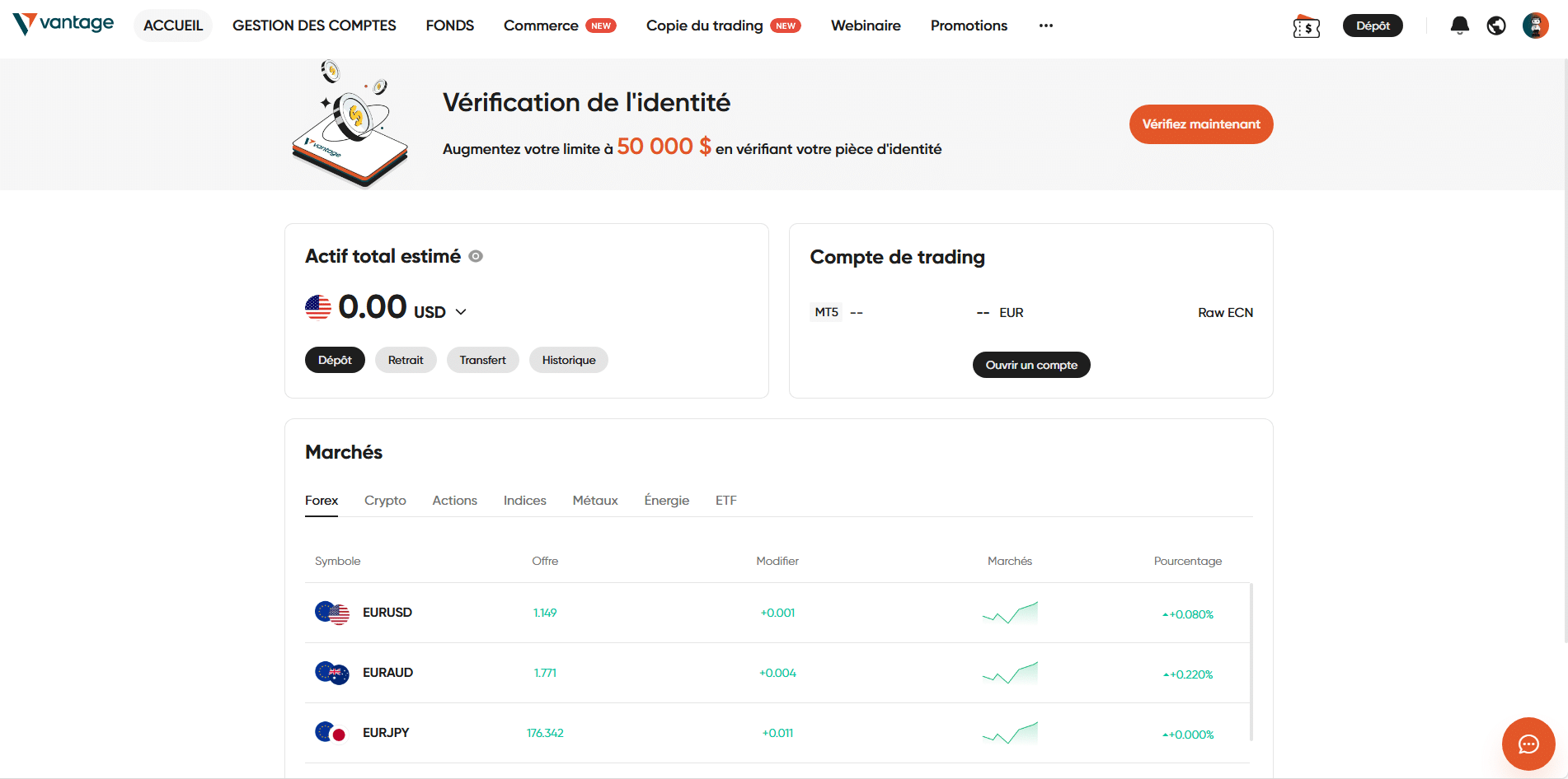 Dashboard Vantage Markets interface client avis Vantage Markets gestion compte trading